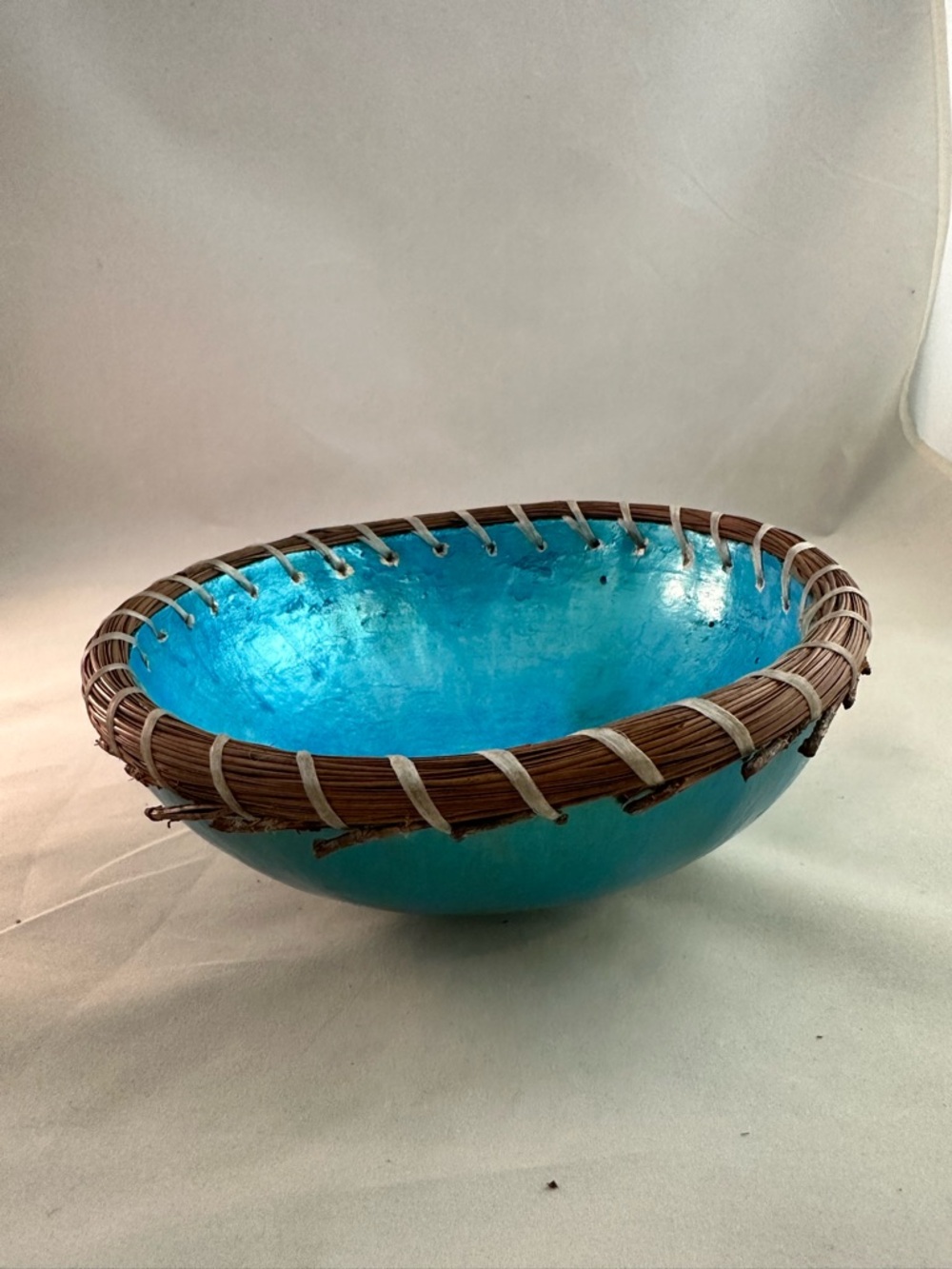 Turquoise Decorative Bowl with Woven Rim